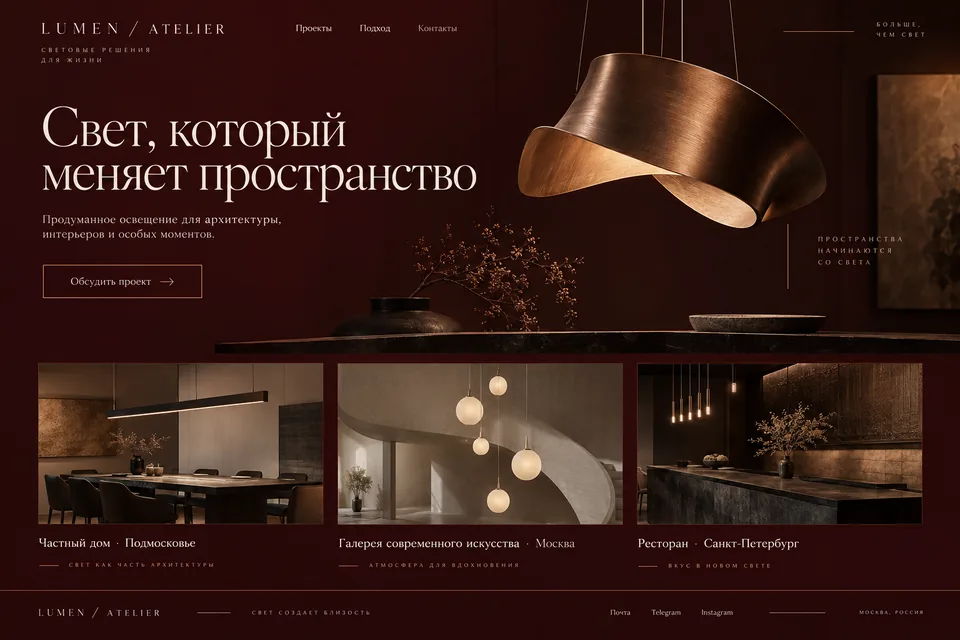 Дизайн LUMEN / ATELIER: Бордовый, медь, крупная антиква и скульптурный свет