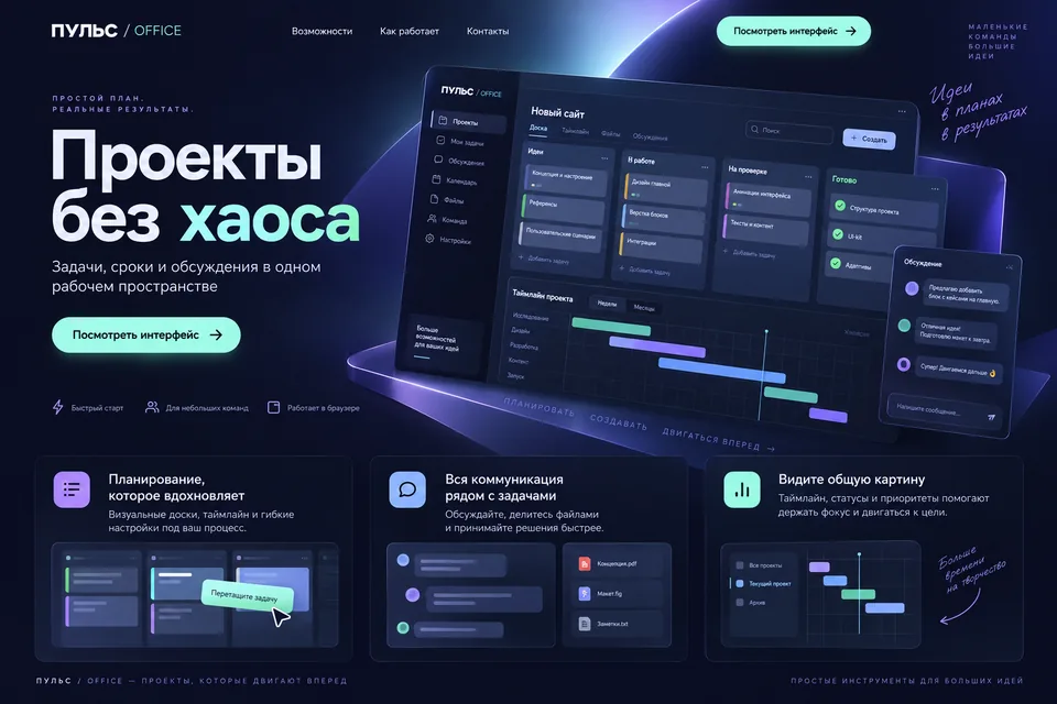 Дизайн ПУЛЬС / OFFICE: Ночной индиго, мятные акценты и объёмный интерфейс
